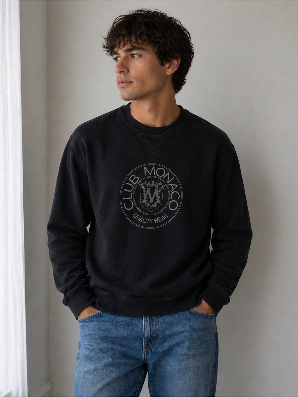 Club Monaco Heritage style black crewneck with white Quality Wear crest. SZ Med.
